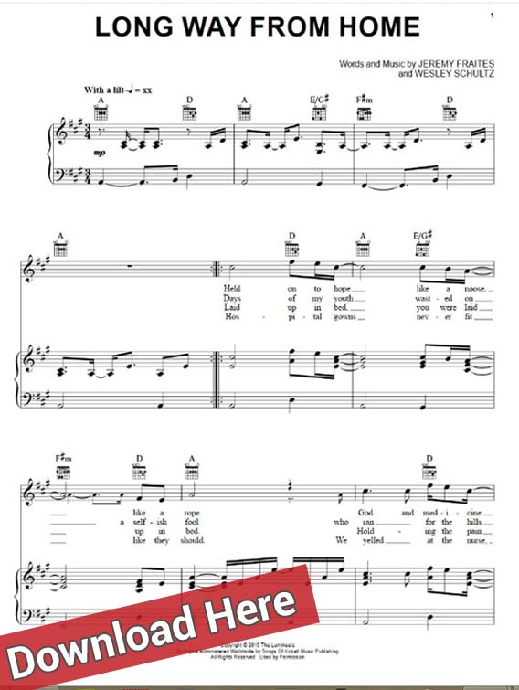 the lumineers, long way from home, sheet music, chords, piano notes, download, pdf, klavier noten, partition, keyboard, guitar, tutorial, cello