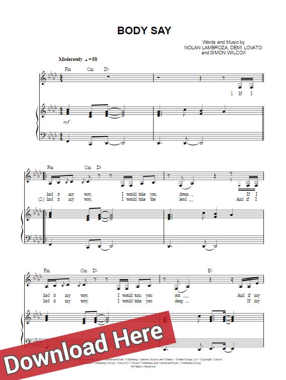 demi lovato, body say, sheet music, piano notes, chords, score, keyboard, guitar, tabs, klavier noten, tutorial, lesson