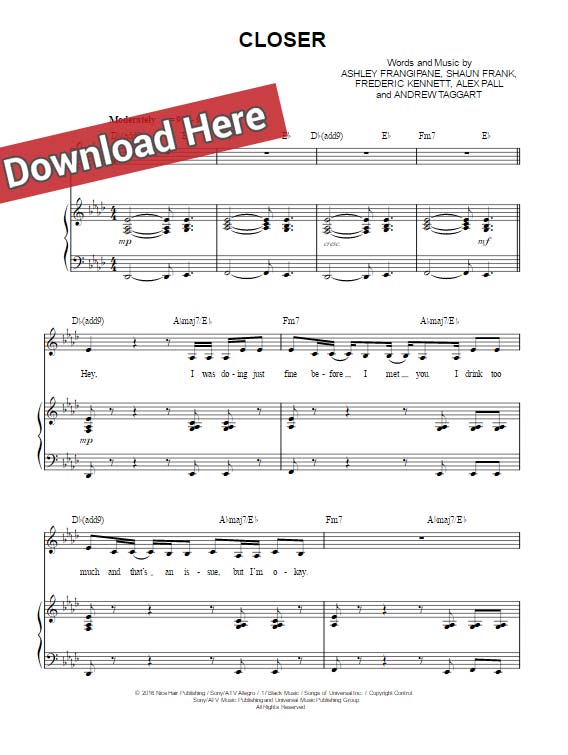the chainsmokers, closer, sheet music, chords, piano notes, download, pdf, klavier noten, tutorial, lesson, keyboard, guitar