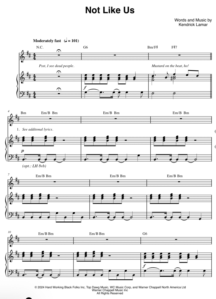 Kendrick Lamar Not Like Us Sheet Music for aPiano and Guitar – Free Download