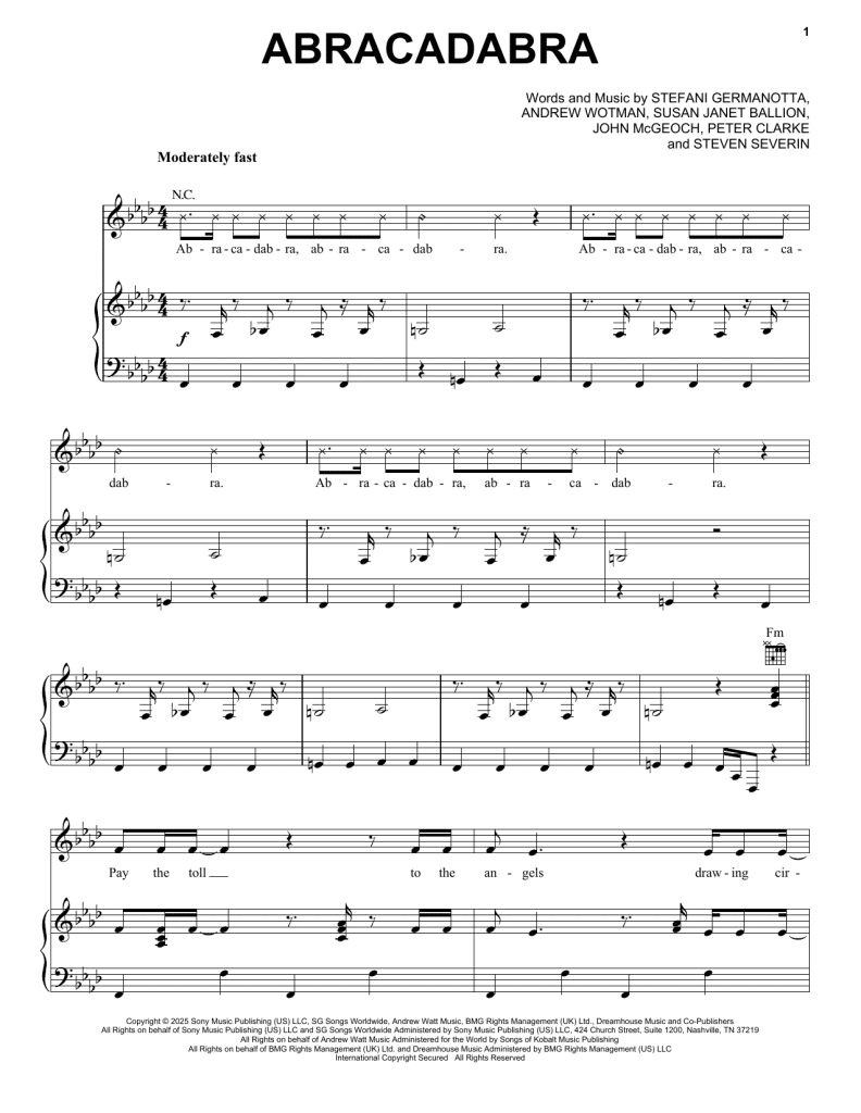 Lady Gaga Abracadabra Sheet Music- Easy Arrangements