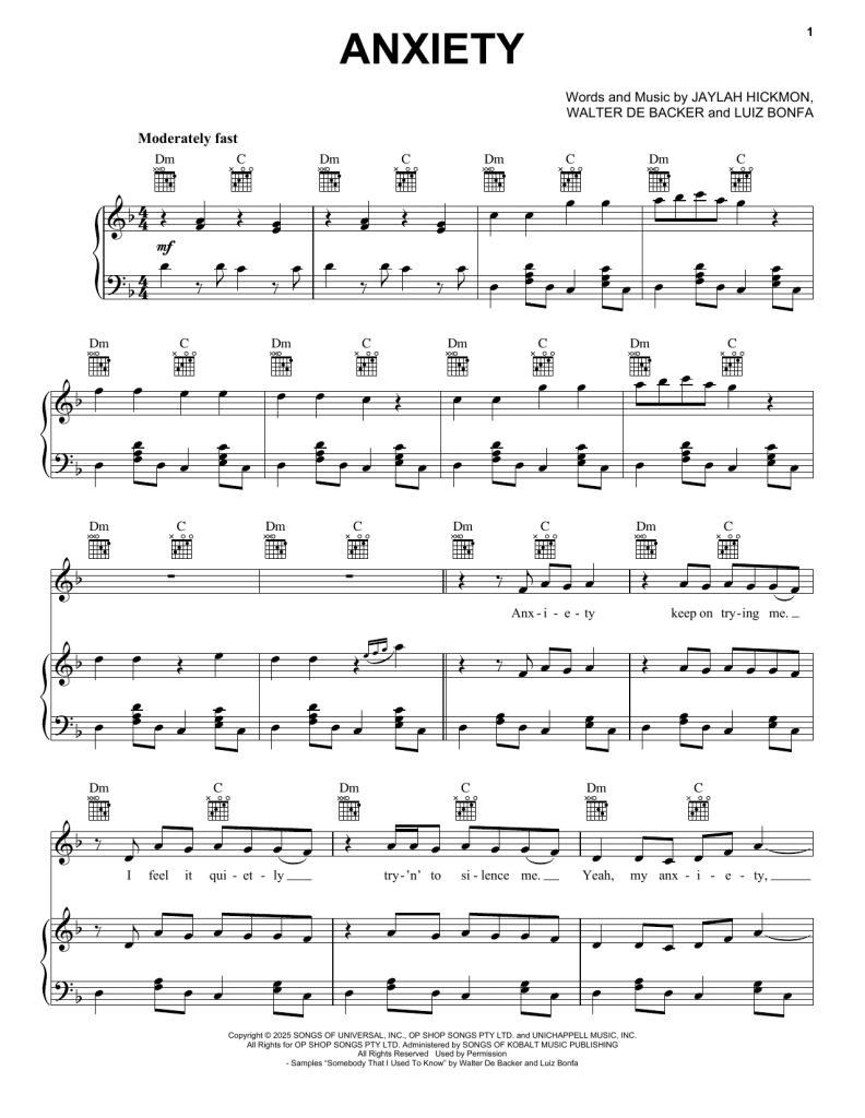 Download Doechii Anxiety Sheet Music for Piano Guitar Vocals