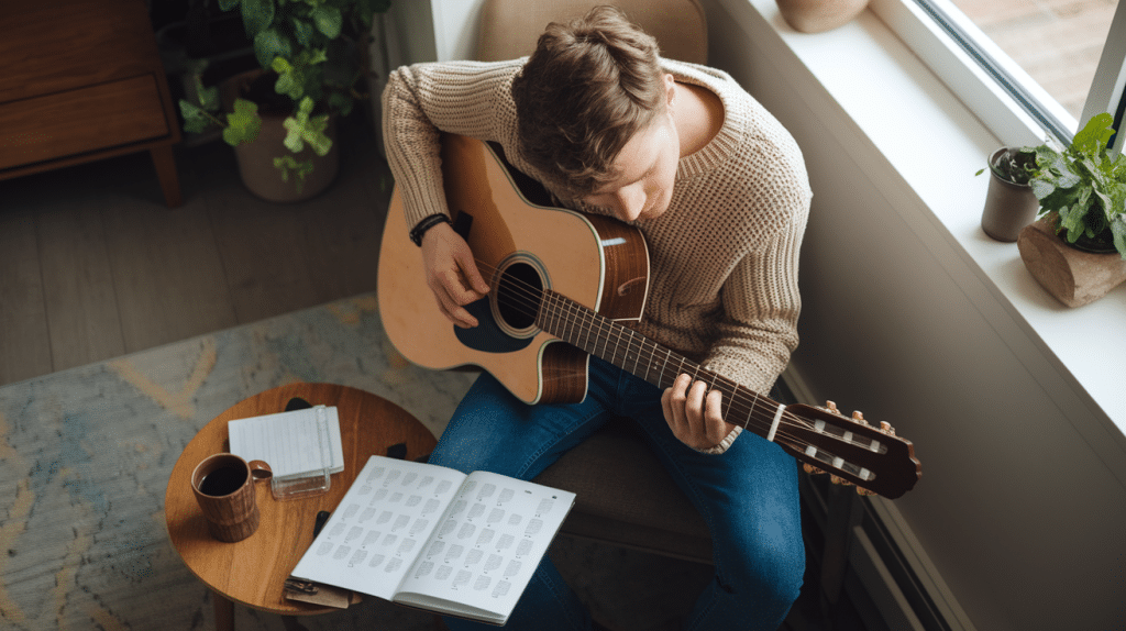 Guitarist rehearsing What I Want by Morgan Wallen with chord sheet music and relaxed studio setting.