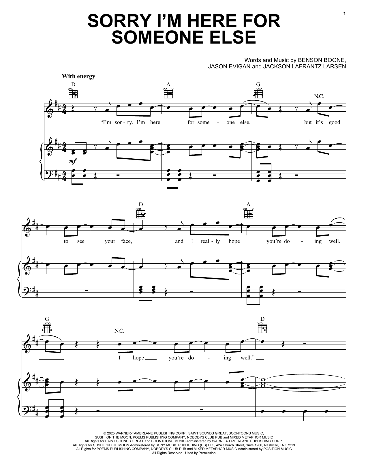 Benson Boone Sorry I’m Here for Someone Else Sheet Music: Download Piano PDF Chords